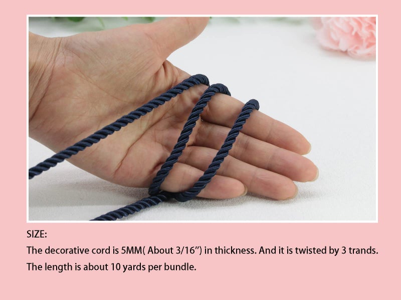 PAMIR TONG Navy Blue 5mm Twisted Satin Cord for Crafts 10 Yards Braided Decorative Cotton Cords Trims Polyester Twine Cord Thick Round Fabric Rope Thread for Sewing-DIY Projects Supplies - Image 4